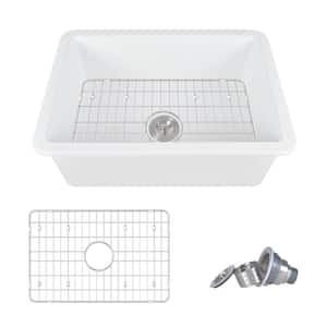 Glen White Rectangular Fireclay 27 in. Single Bowl Undermount/Drop-In Kitchen Sink with Basket Strainer and Sink Grid