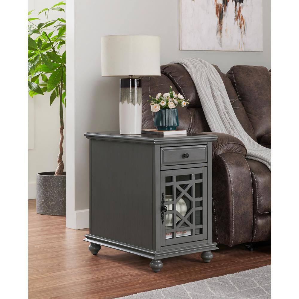 Sophisticated Gray Pine Chairside Table with Power Outlets