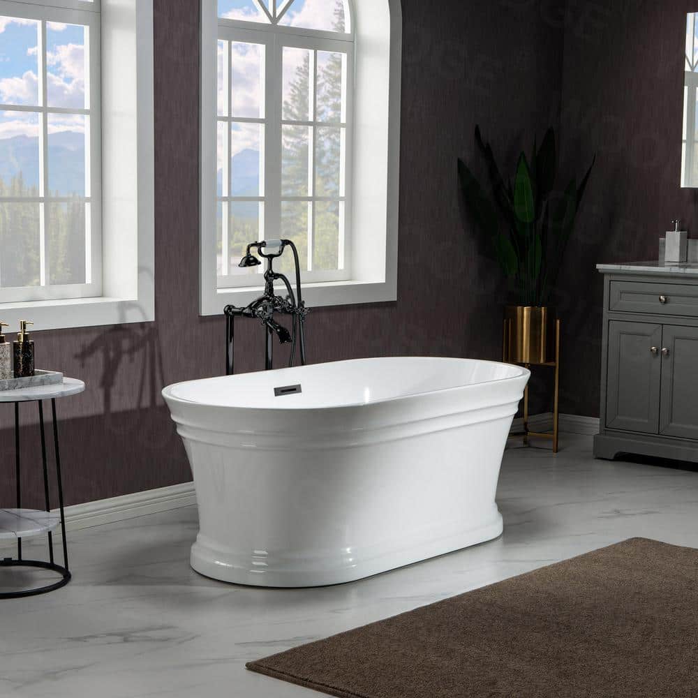 67" White Acrylic Freestanding Soaking Bathtub with Matte Black Trim