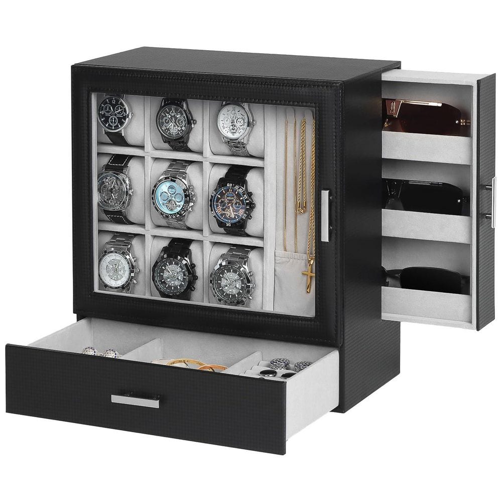 9 Slot Watch Display Case with Necklace Drawer Black Glass Jewelry
