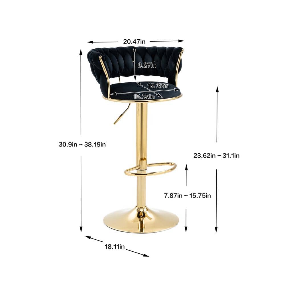 Black Velvet Adjustable Swivel Bar Stools with Gold Frame, Set of 2