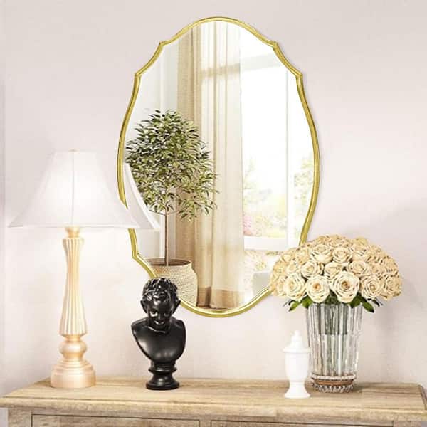 LuxHomez 24 in. W x 35.8 in. H Gold Wood Frame Irregular Decorative Wall Mirror/Bathroom Mirror