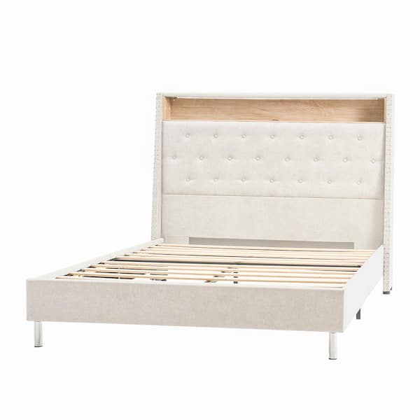 JAYDEN CREATION Sergio Cream Modern 61.5 in. Night Light Bed with Storage Compartments-Queen