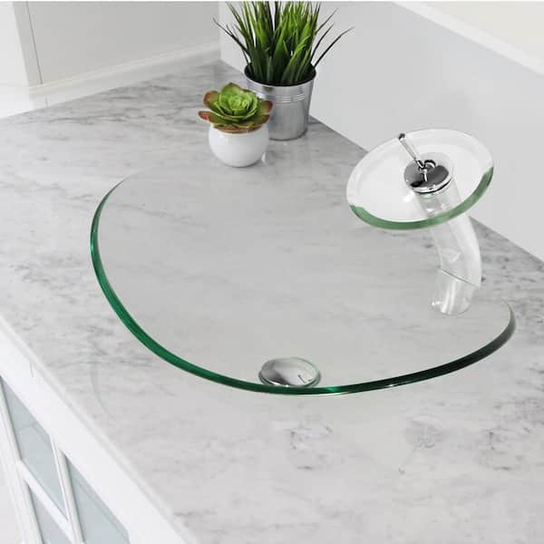 Flynama Solid Tempered Glass Oval Bathroom Vessel Sink in Clear with Chrome Faucet and Pop-Up Drain