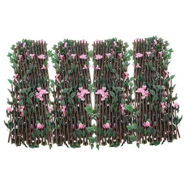 YIYIBYUS 46 in. Wood Silk Fabric Faux Ivy Fencing Panel Garden Fence Pink 4-Pieces