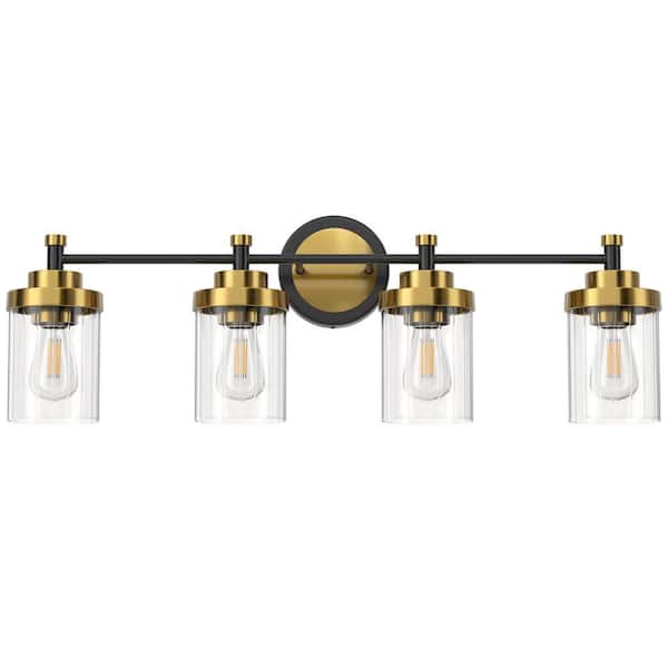 Merra 31.5 in. 4-Light Black and Brass Modern Dimmable Vanity Light with Clear Ribbed Glass Shades E26 Sockets