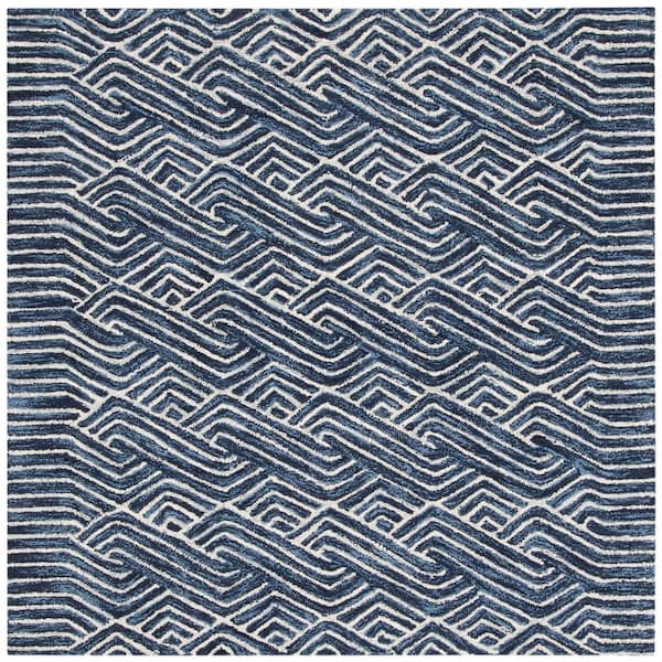 SAFAVIEH Micro-Loop Dark Blue/Ivory 5 ft. x 5 ft. Striped Geometric Square Area Rug