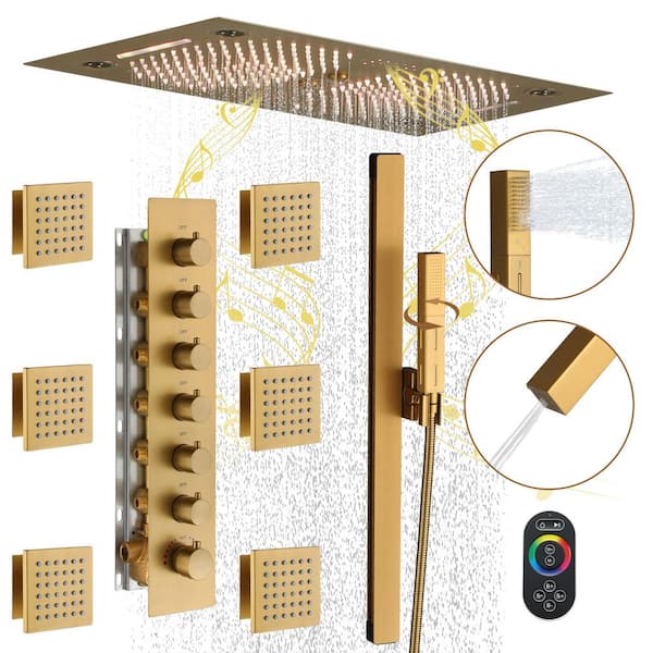 6-Spray Luxury Ceiling Mount Thermostatic Fixed Handheld Shower Head 3 Functions Shower Faucet 2.5 GPM in Brushed Gold