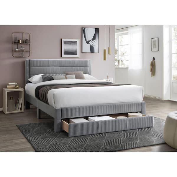 Halsey Gray Wood Frame Full Size Corduroy Upholstered Platform Bed with Storage Drawer