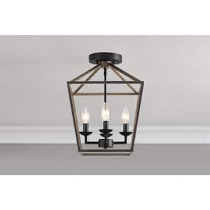 Weyburn 16.5 in. 4-Light Black and Faux Wood Farmhouse Semi-Flush Mount Ceiling Light Fixture with Caged Metal Shade