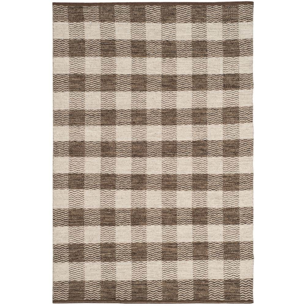 Light Grey and Brown Handmade Wool Checkered Area Rug, 5' x 8'