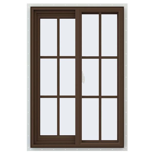JELD-WEN 59.5 in. x 59.5 in. V-2500 Series Brown Painted Vinyl Right-Handed Sliding Window with Colonial Grids/Grilles