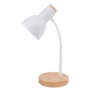 15.7 in. White Indoor Task Lamp with Wooden Base and Flexible Swivel Arm