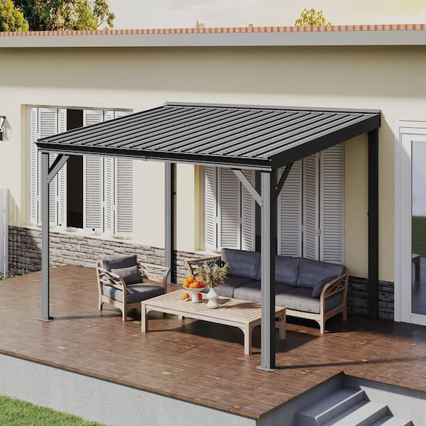 8 ft. x 10 ft. Patio Gazebo Lean-to Wall-Mounted Pergola with Sloped Galvanized Steel Roof