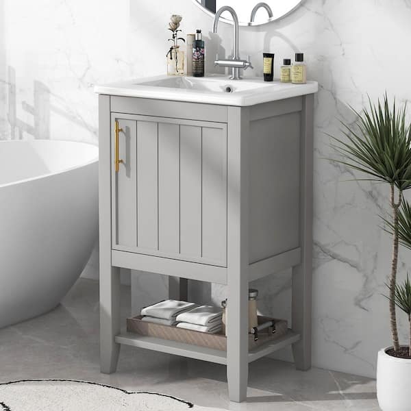 20 in. W Single Sink Freestanding Bath Vanity in Gray with White Ceramic Top, Open Shelf