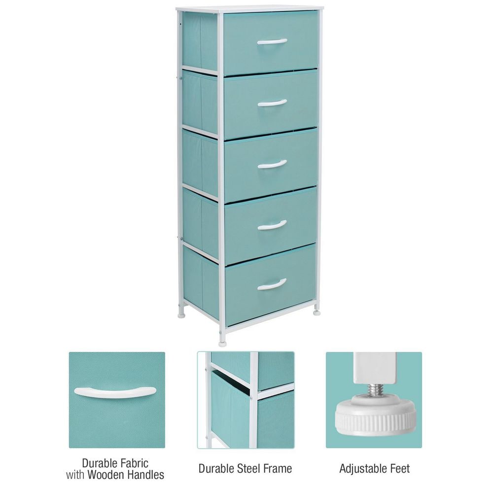 Aqua Fabric 5-Drawer Tall Storage Dresser with Steel Frame