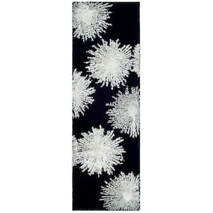 Celebration Black/White Wool 3 ft. x 10 ft. Floral Runner Rug