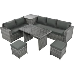 6-Piece Wicker Outdoor Sectional Set with Gray Cushions, Adjustable Seat, Storage Box, and Tempered Glass Top Table