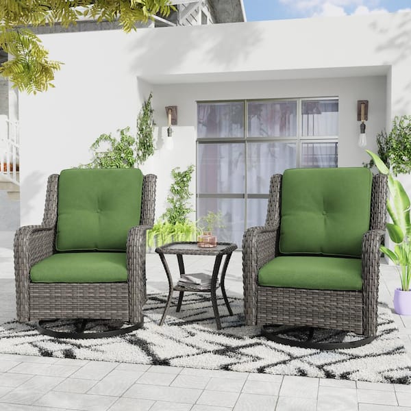 JOYSIDE 3-Piece Wicker Patio Conversation Set with Green Cushions All-Weather Swivel Rocking Chairs