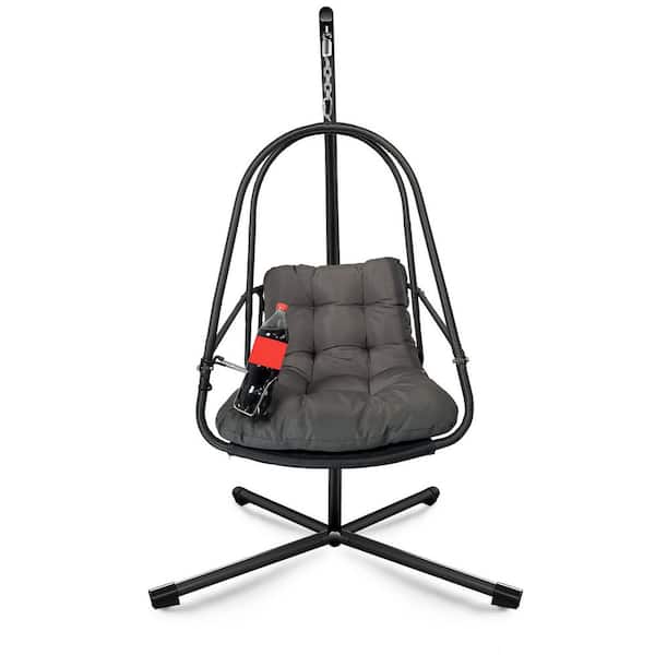 Black Metal Patio Swing with Dark Gray Cushion with Stand