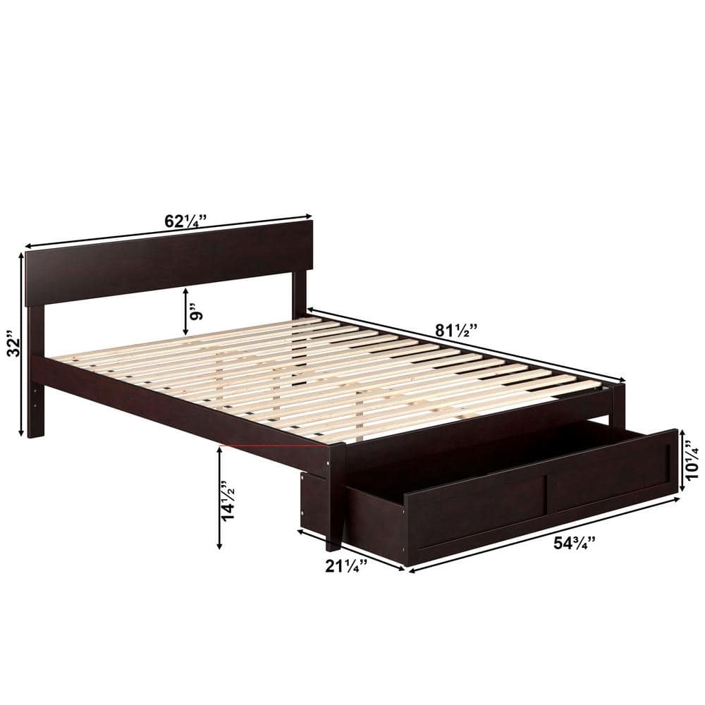 Espresso Queen Wood Platform Bed with Storage Drawer