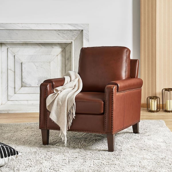 Leander Burgundy Genuine Leather Armchair with Removable Cushion and Nailhead Trims