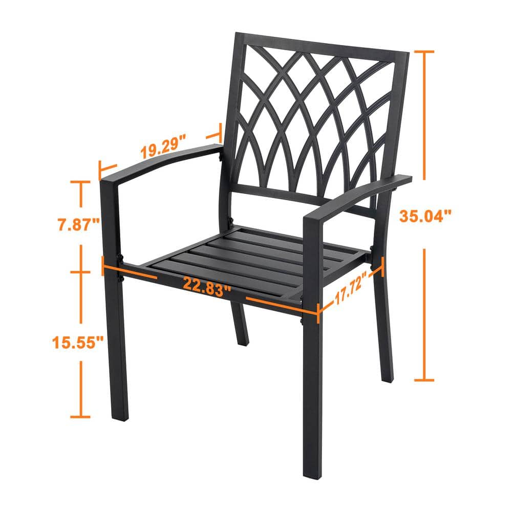 Black Iron Stackable Outdoor Patio Chairs with Lattice Design (2-Pack)