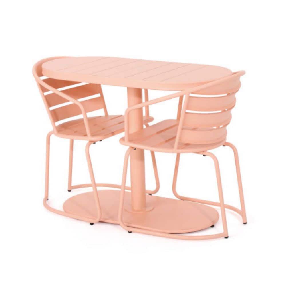 Coral pink 3-piece metal outdoor bistro set with an oval table and two chairs.