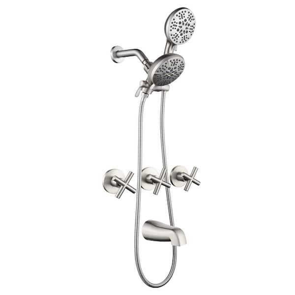 UKISHIRO 3-Handle 7-Spray Patterns 3.5 GPM 5 in. Wall Mount Dual Shower Heads with Tub Spout in Brushed Nickel (Valve Included)