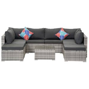 7 Pieces Gray Frame Wicker Patio Conversation Seating Set, Sectional Set, with Grey Cushions, for Garden Poolside