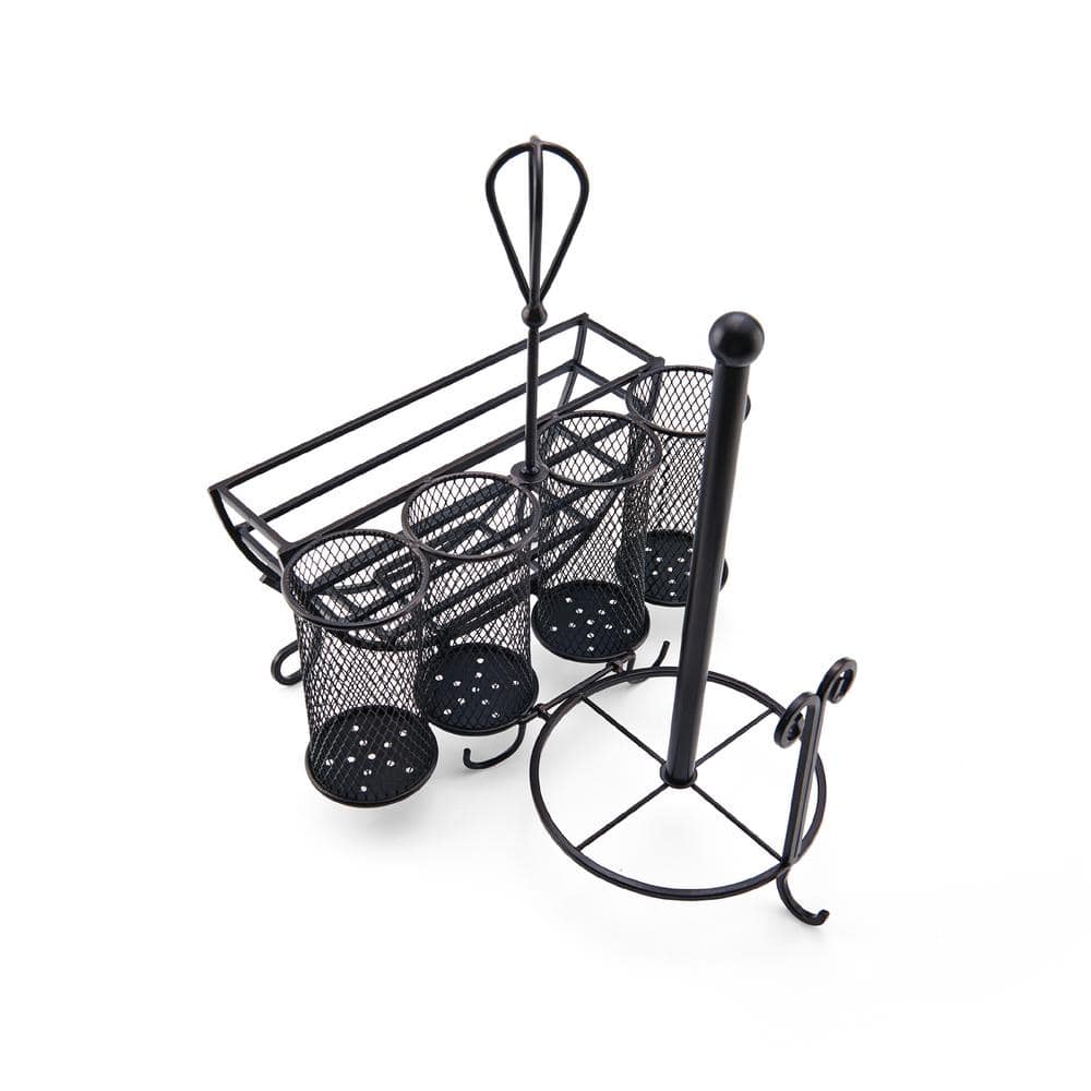 Antique Black Wrought Iron Picnic Caddy with Paper Towel Holder