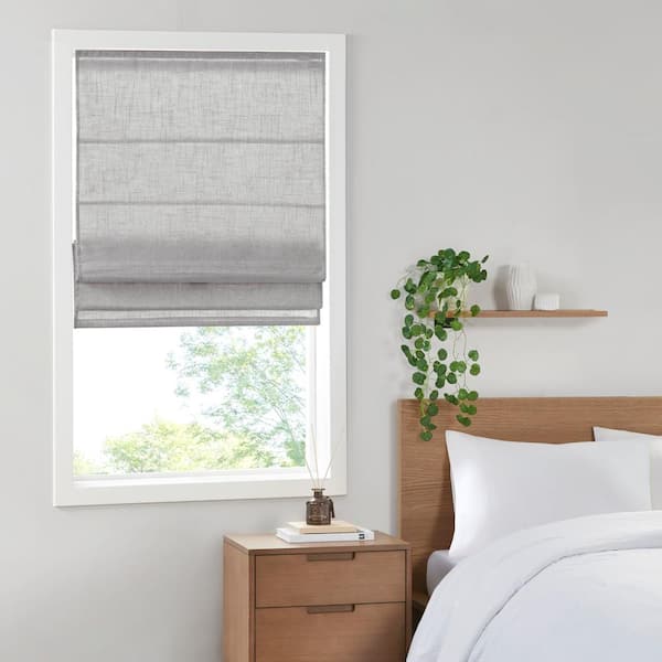 Suvi Grey Cordless Polyester Linen Blend Light Filtering Roman Shade- 31 in. W x 64 in. L