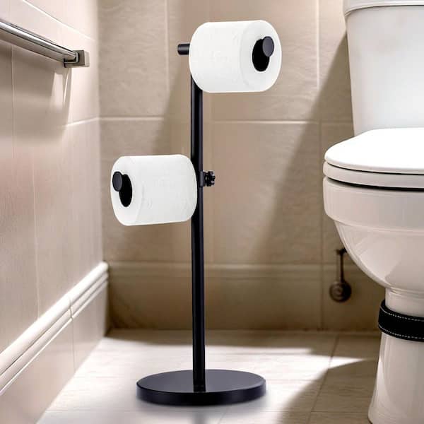 Freestading Floor-Mounted Double Post Toilet Paper Holder in Matte Black