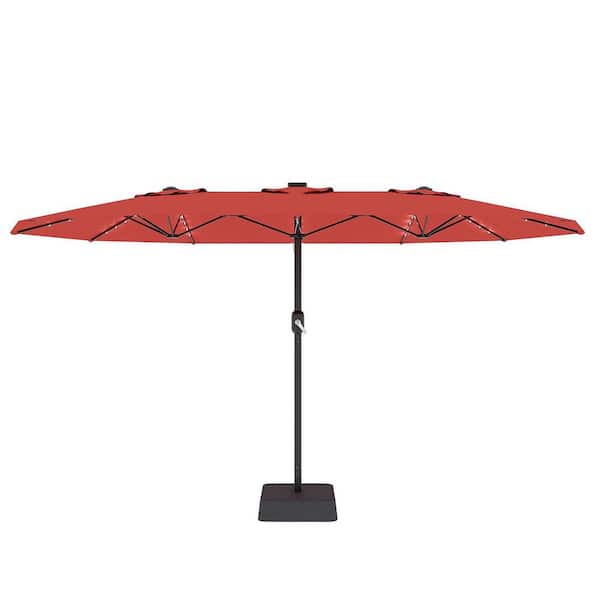 9 ft rectangular solar powered patio umbrella Garvee 10 ft. x 9 ft. Rectangular Solar LED Lighted Market Patio Umbrella  in Red with Crank Handle and Base HDT05TRI6VU