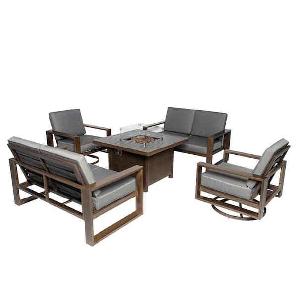 PATIOPTION Aluminum Patio Conversation with Gray Cushions, 41.34 in. Fire Pit Table Sofa Set - 2 Swivel plus 2-Loveseat