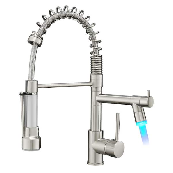 PERLIRIA INC Commercial Single Handle Pull Down Sprayer Kitchen Faucet with Pot Filler and LED Light in Brushed Nickel