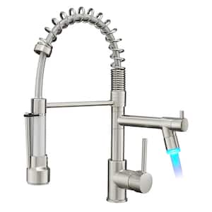 Commercial Single Handle Pull Down Sprayer Kitchen Faucet with Pot Filler and LED Light in Brushed Nickel