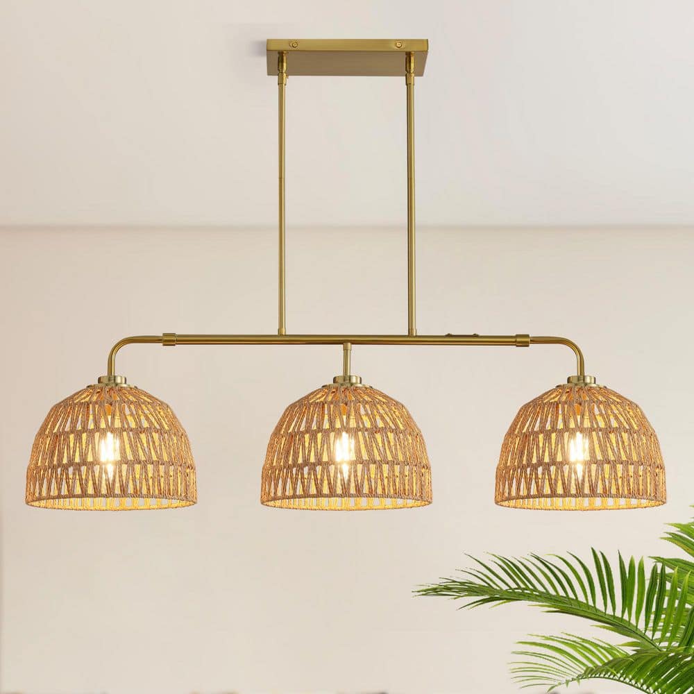KAISITE 60-Watt 3-Light Vintage Gold Rattan Pendant Light with 3000K Warm Light Cage Woven Shaded Chandelier for Kitchen Island 8023PL-03GD-TN - The Home Depot
