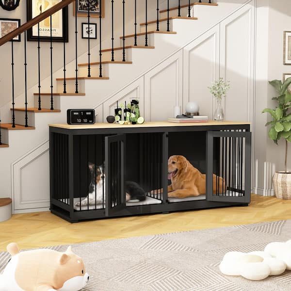 FUFU&GAGA 71 in. Large Dog Kennel Furniture for 2-Dogs, Heavy-Duty Wooden Dog Crate with Divider for Large Medium Dogs, Black