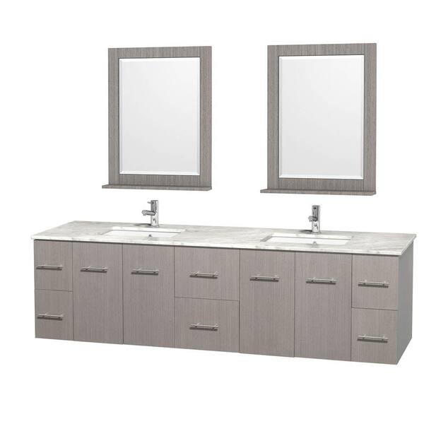 Wyndham Collection Centra 80 in. Double Vanity in Gray Oak with Marble Vanity Top in Carrara White, Square Sink and 24 in. Mirror