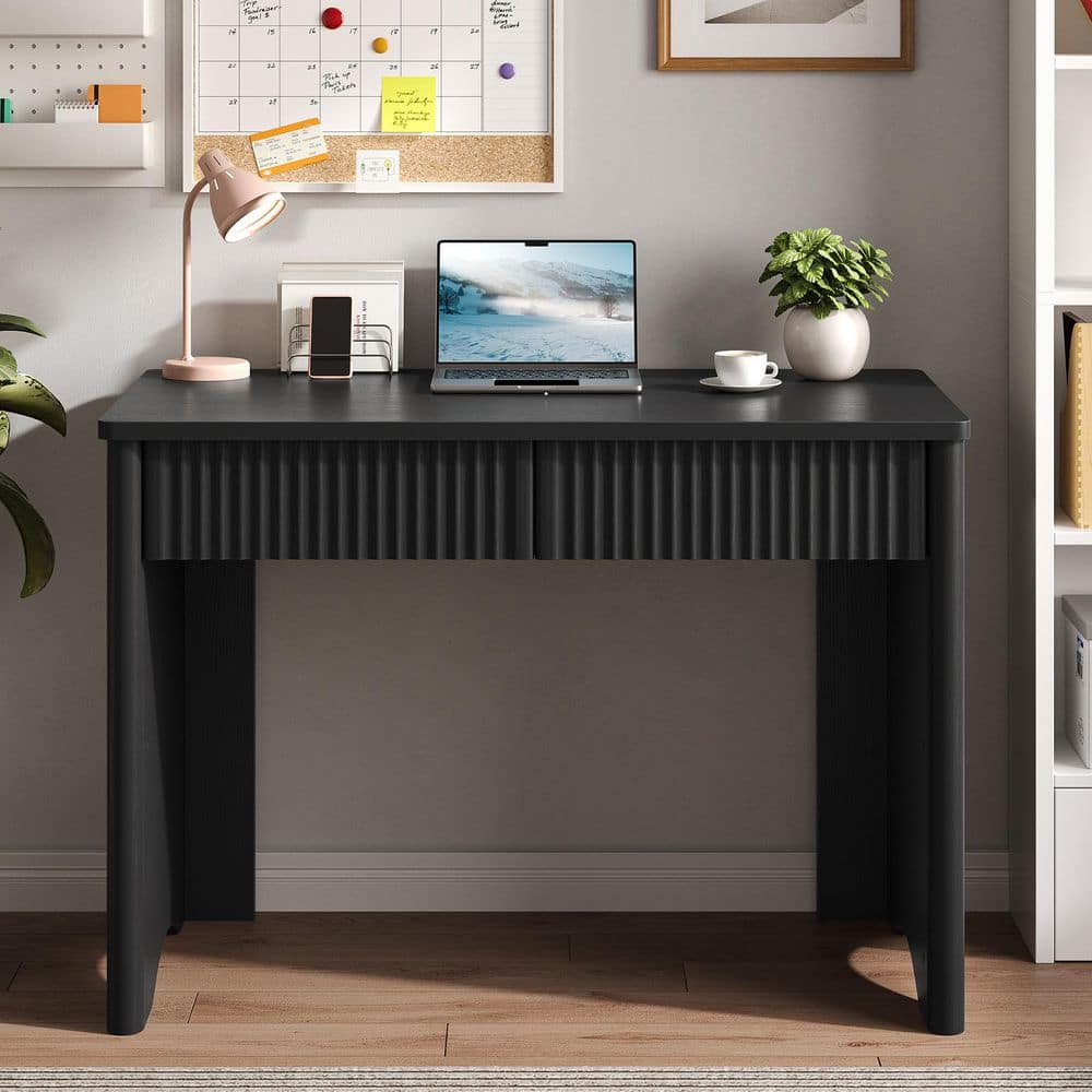 Bestier 39.37 in. Black Fluted Writing Desk with 2-Storage Drawers ...