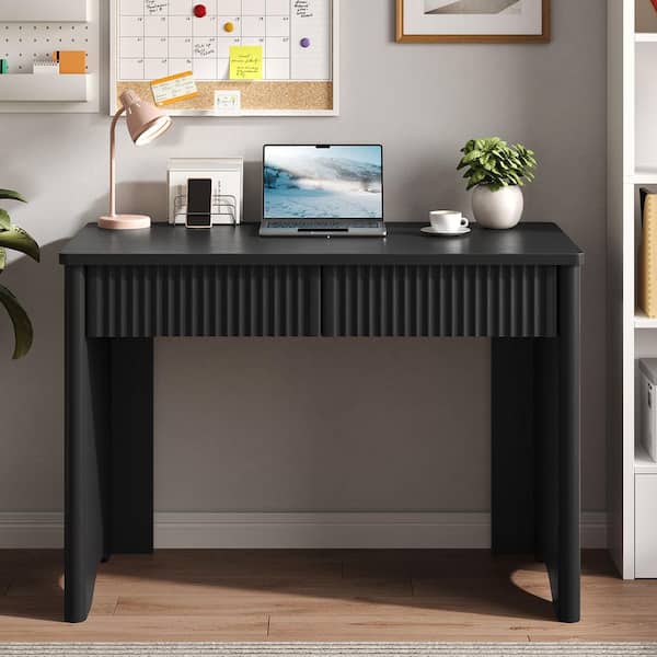 39.37 in. Black Fluted Writing Desk with 2-Storage Drawers, Modern Small Computer Desk for Home Office Bedroom