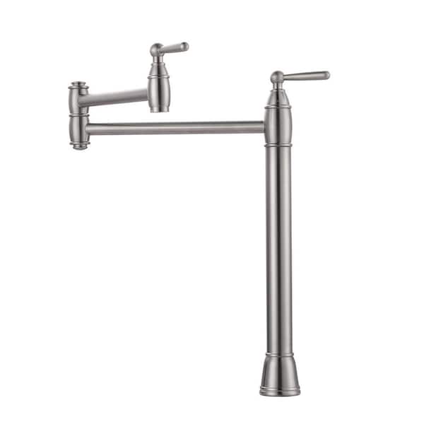 Deck Mount Pot Filler Faucet, Solid Brass Pot Filler with Double Stretchable Joint Swing Arm in Brushed Nickel