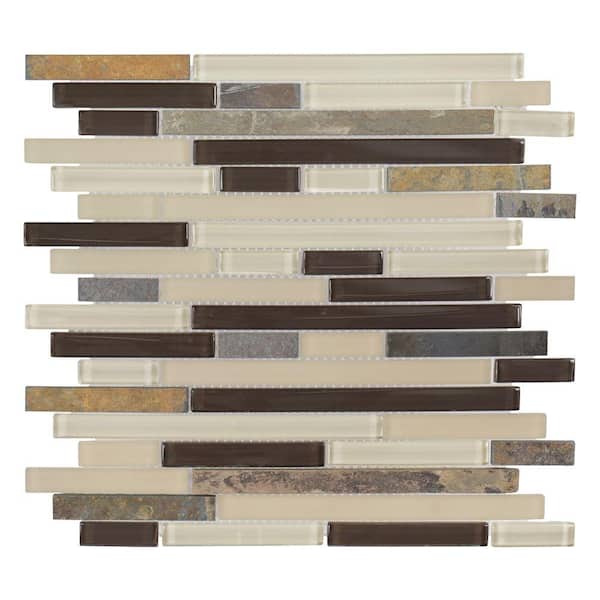 Jeffrey Court Slate Beach Beige/Cream 11.625 in. x 11.625 in. Interlocking Gloss/Matte Glass and Slate Mosaic Tile