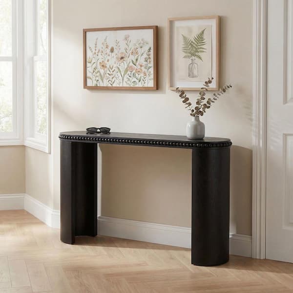 Black Rounded Console Qualler 59.8 in. Black Rectangle Wood Console Table with Beaded Trim ...