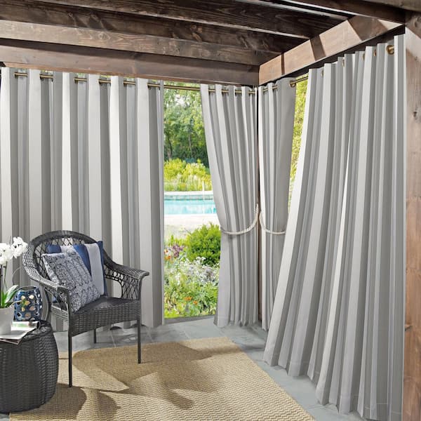 Valencia Cabana Stripe Indoor/Outdoor UV Protectant Curtain Panel in Gray-54 in. W x 108 in. L