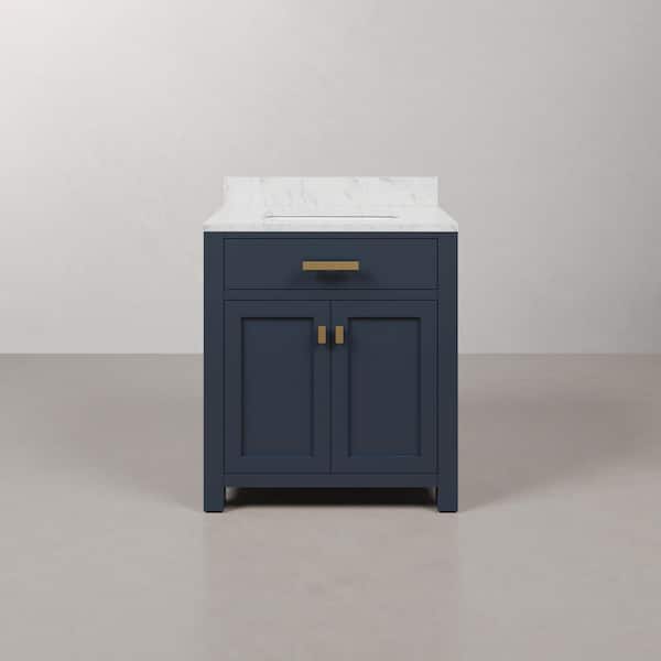 Madison 30 in. W x 21.5 in. D x 34 in. H Single Sink Bath Vanity in Monarch Blue with Carrara White Marble Top