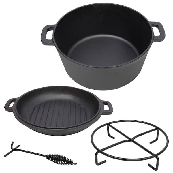 3 in 1 5 qt. Pre-Seasoned Cast Iron Round Dutch Oven With 1-Piece Iron Pot Rack, 1-Piece Lid Lifter, Outdoor Camping