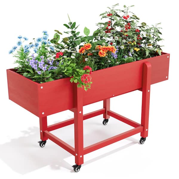 LUE BONA 48 in. x 16.7 in. x 28 in. Bright Red Plastic Raised Garden Bed with Lockable Wheels, Liner
