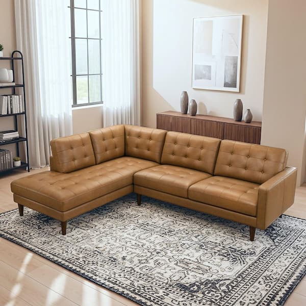 Trixie 102 in. Flared Arms Leather L-Shaped Left-Facing Sectional Sofa in. Brown, Tan